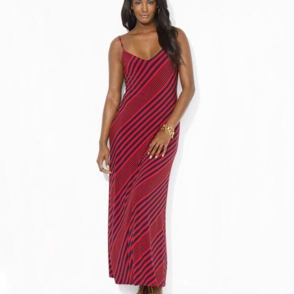 Lauren Ralph Lauren Red & Navy Striped Maxi Long Dress Sz 12 - Picture 1 of 12